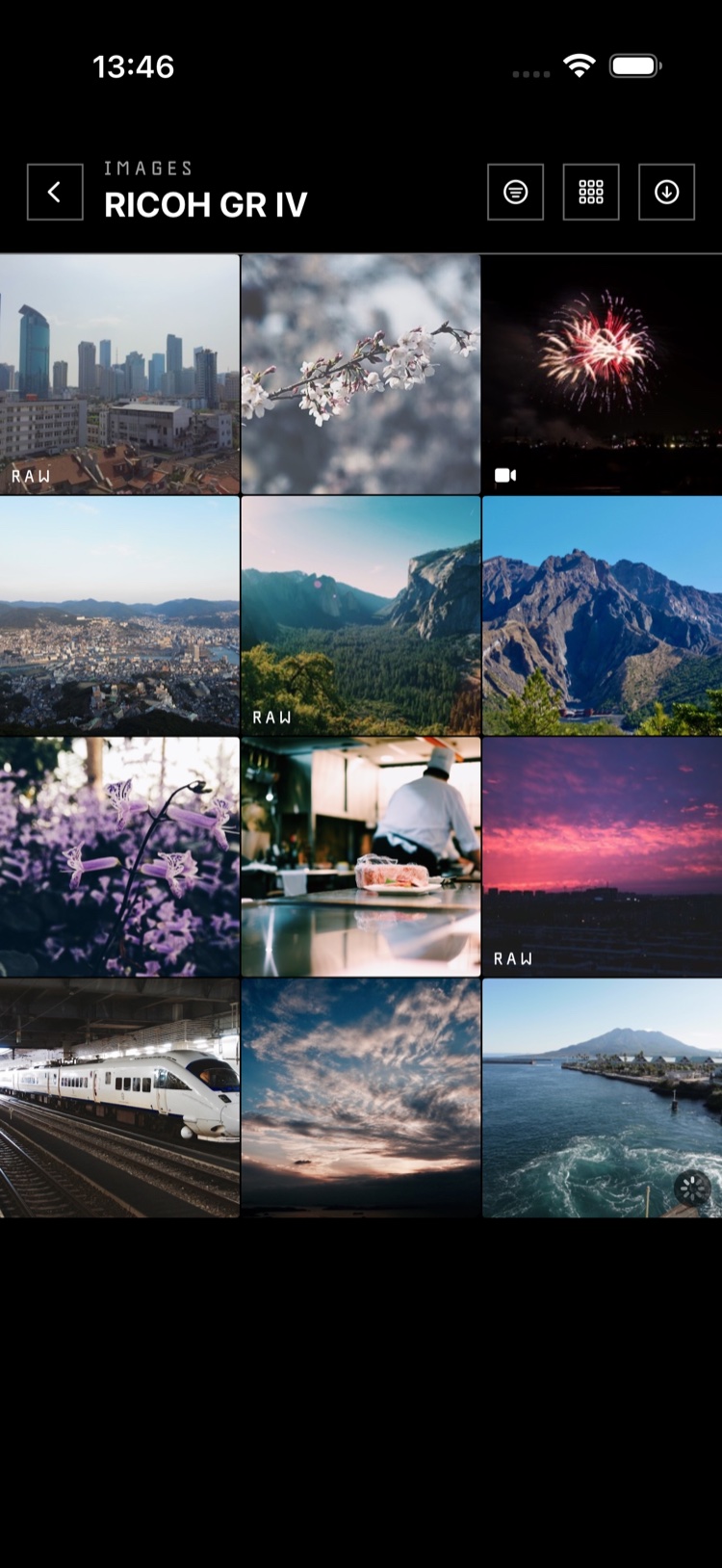 Air Snap image browser showing the camera card as a grid of photos with raw badges