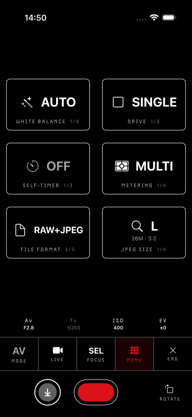 Air Snap camera menu over live view: white balance, drive, self-timer, metering, file format and JPEG size tiles